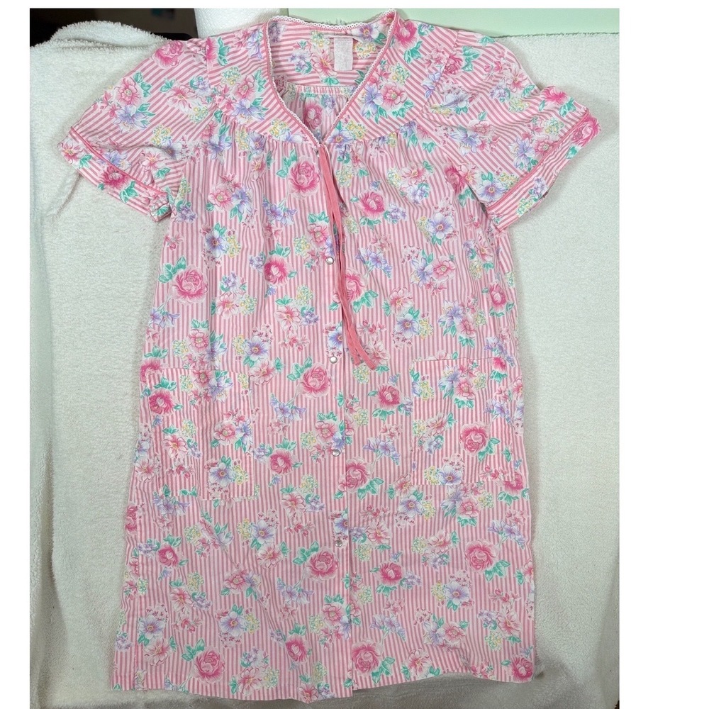 Vintage Honors Intimates Floral Stripe Snap Front Duster House Dress Pink Large